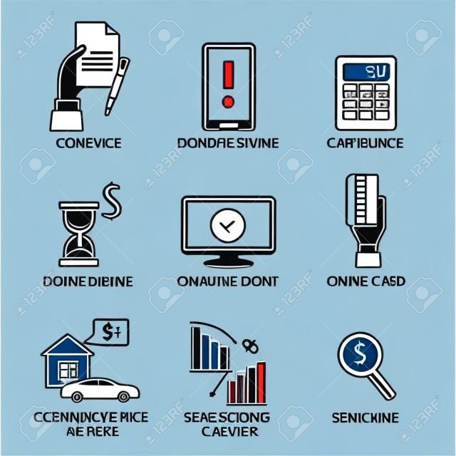Banking service outline icons set,  deposit, credit, money transfer. Contract, Mobile banking, calculator, online payment, credit card, credit for house and car. Vector illustration.