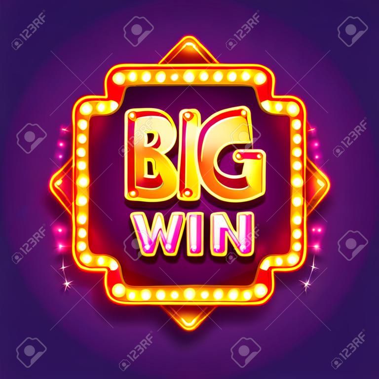 Big Win banner izzó lámpák online kaszinó, póker, rulett, nyerőgépek, kártya játékok. Vektorillusztrátor.