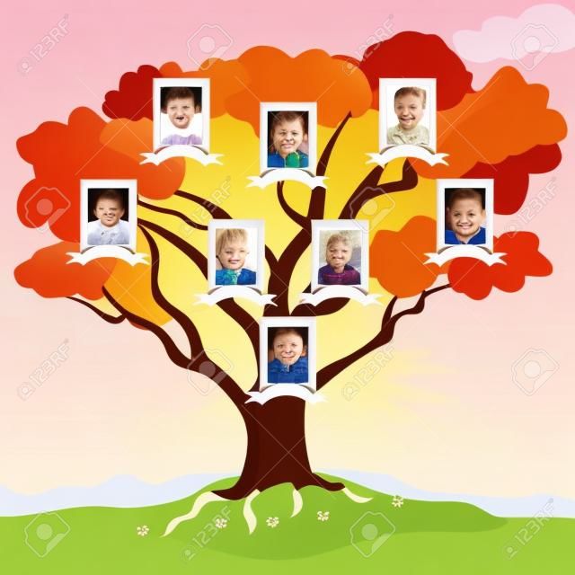Family tree with frames for photos of family members. Vector illustration family tree flat style.