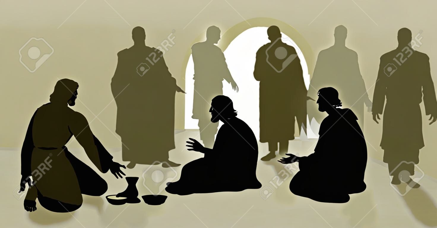 Jesus lavando os pés de Simão Pedro enquanto seus discípulos olham