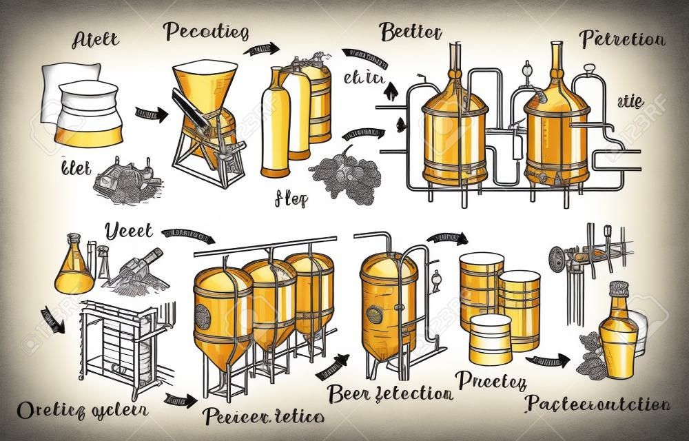 醸造所プロセスのイラストを持つベクタービールインフォグラフィックス。エール生産デザイン。手描きラガー生産スキーム。