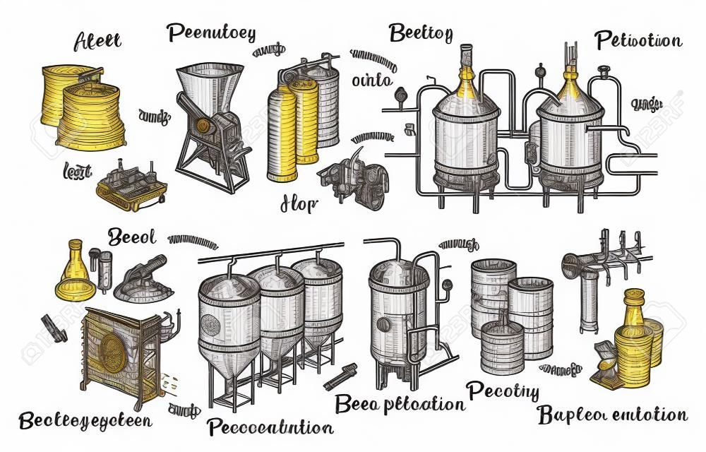 Infográficos de cerveja vetoriais com ilustrações do processo de cervejaria. Ale produzindo design. Esquema de produção de lager esboçado à mão.