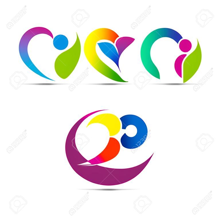 O design vetorial de logotipos de cuidados representa o conceito de família, criança e cuidador sênior.