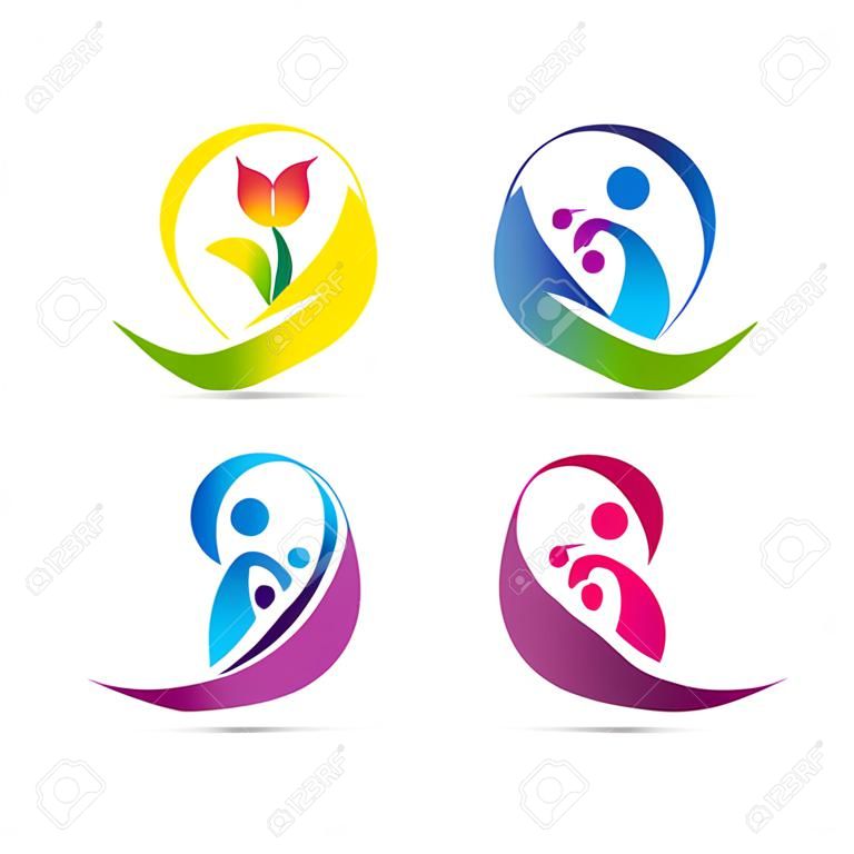 O design vetorial de logotipos de cuidados representa o conceito de família, criança e cuidador sênior.