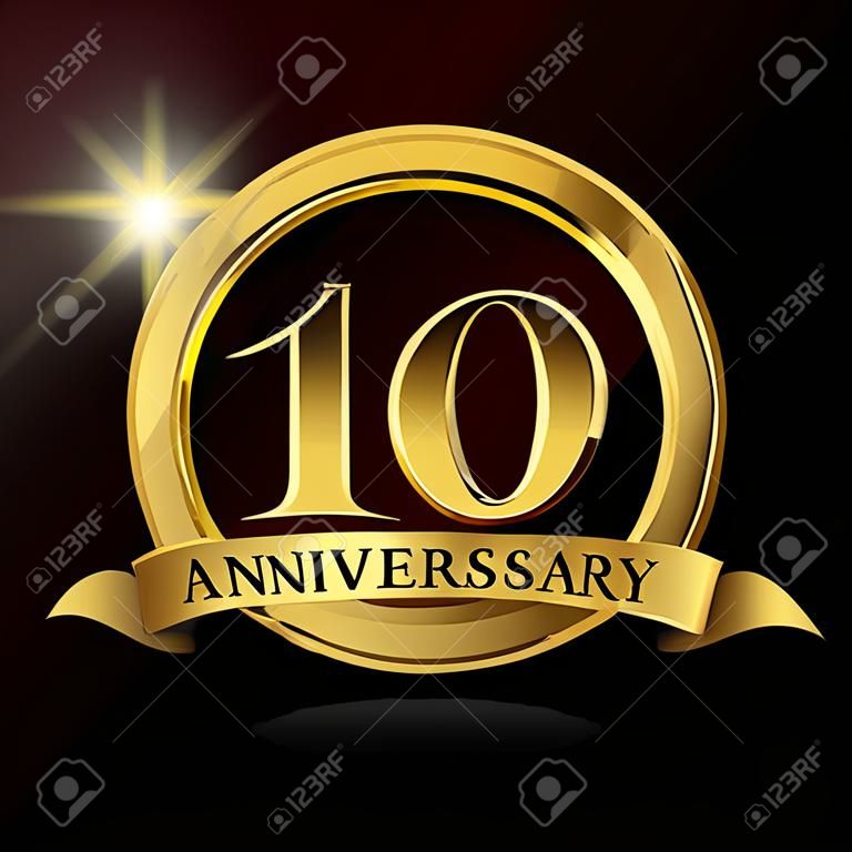 10e jaar gouden jubileum logo viering met ring en lint.