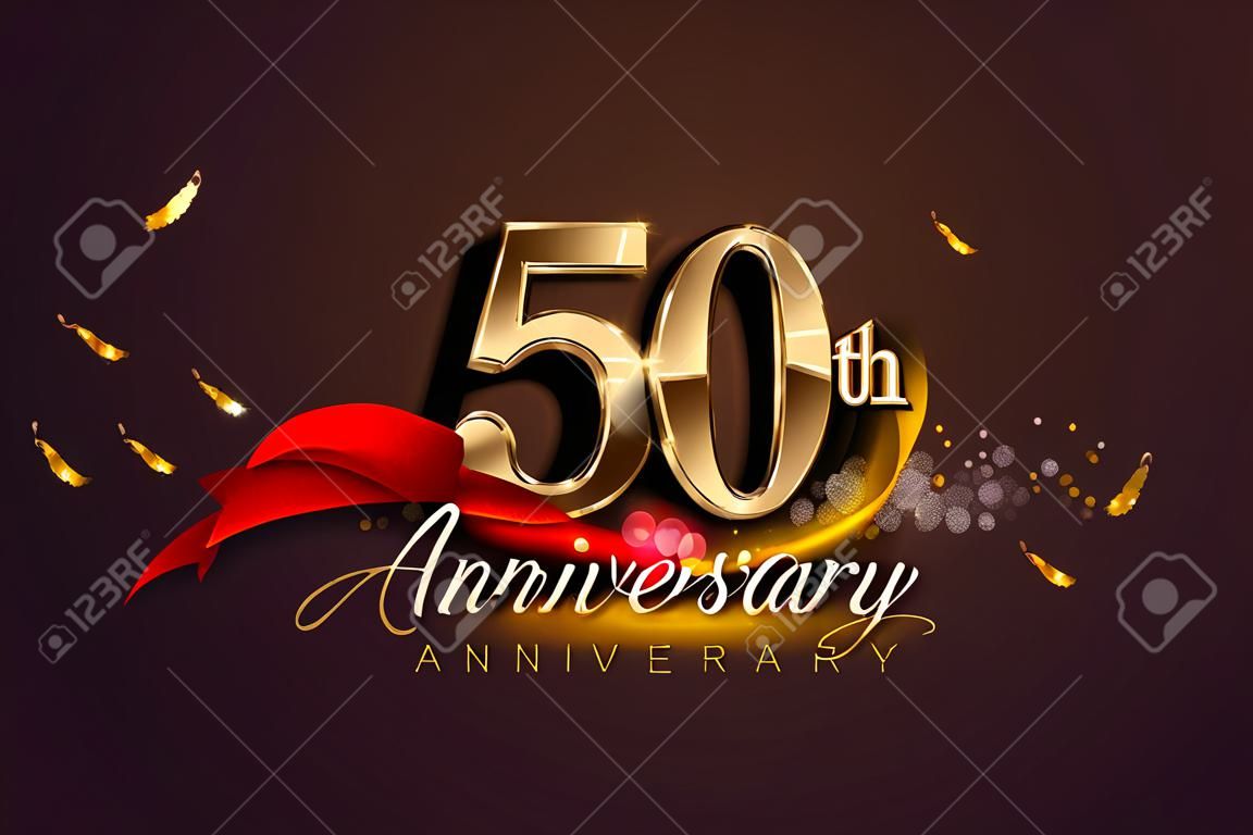 50ste verjaardag logo met rood lint en gouden confetti geïsoleerd op elegante achtergrond, sprankelen, vector ontwerp voor wenskaart en uitnodiging kaart.