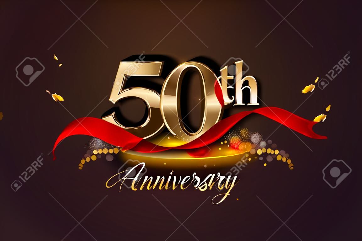 50ste verjaardag logo met rood lint en gouden confetti geïsoleerd op elegante achtergrond, sprankelen, vector ontwerp voor wenskaart en uitnodiging kaart.
