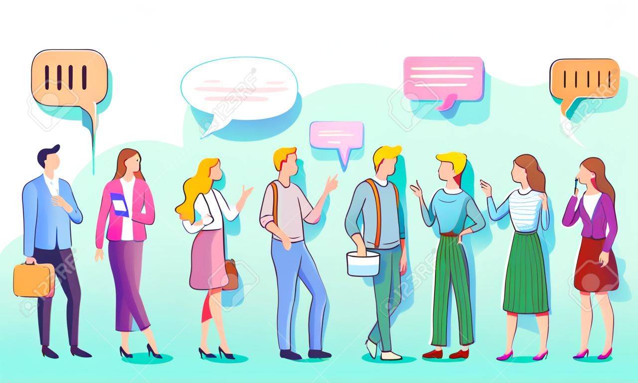 Sets of people talking or speaking to each other. Collection of chatting men and women with speech bubbles isolated on white background. Colorful vector illustration in flat cartoon style.