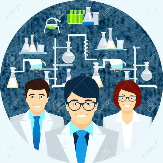 化学実験室の科学者の平らな概念図