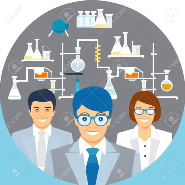 化学実験室の科学者の平らな概念図