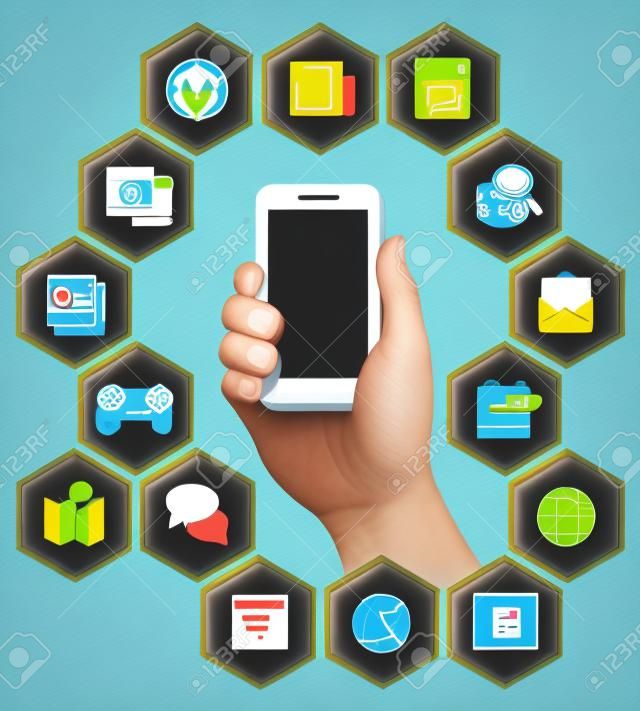 Conceptual illustration of a mobile phone with icons of different types of applications in hexagons