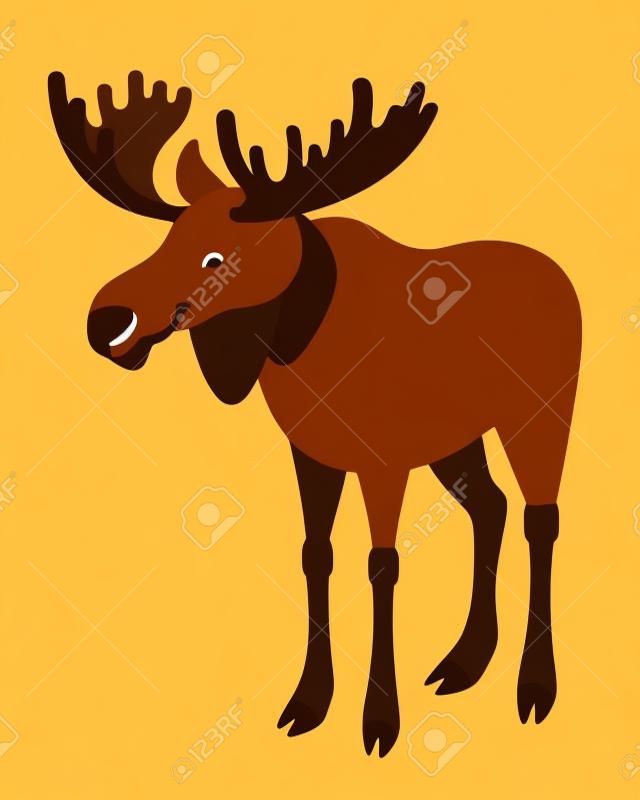 Cute smiling horned elk vector cartoon illustration. Wild zoo animal icon. Big brown moose with antlers standing. Isolated on white. Forest fauna childish character. Simple flat design element