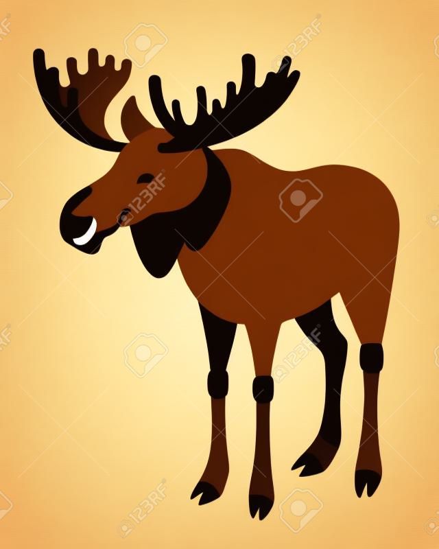 Cute smiling horned elk vector cartoon illustration. Wild zoo animal icon. Big brown moose with antlers standing. Isolated on white. Forest fauna childish character. Simple flat design element