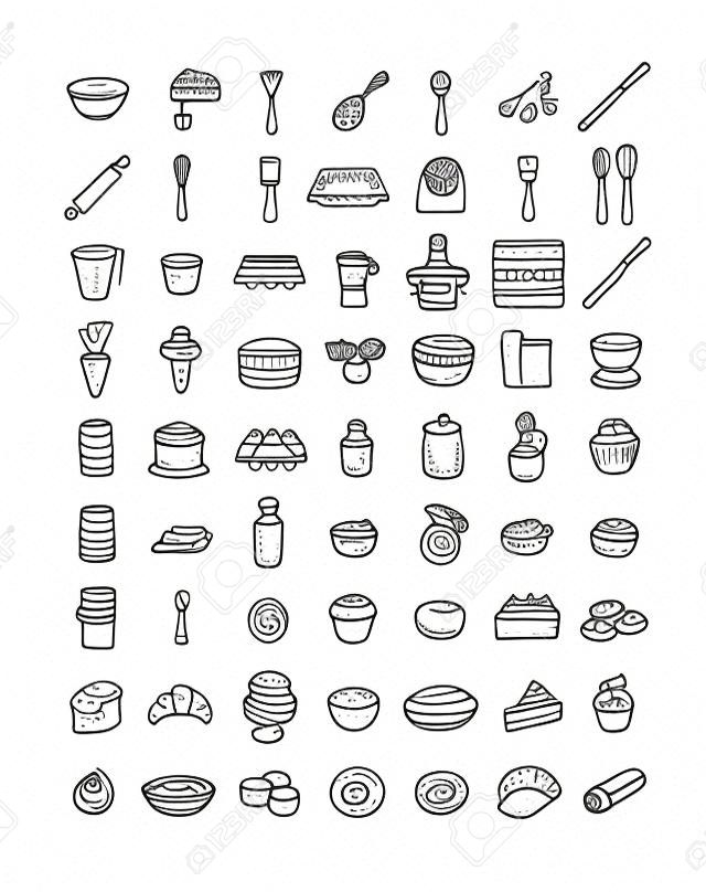 Home baking thin line icons set. Kitchen utensils for cooking sweet food. Ingredients for homemade bakery. Different pastry items. Sketchy doodle hand drawn linear style