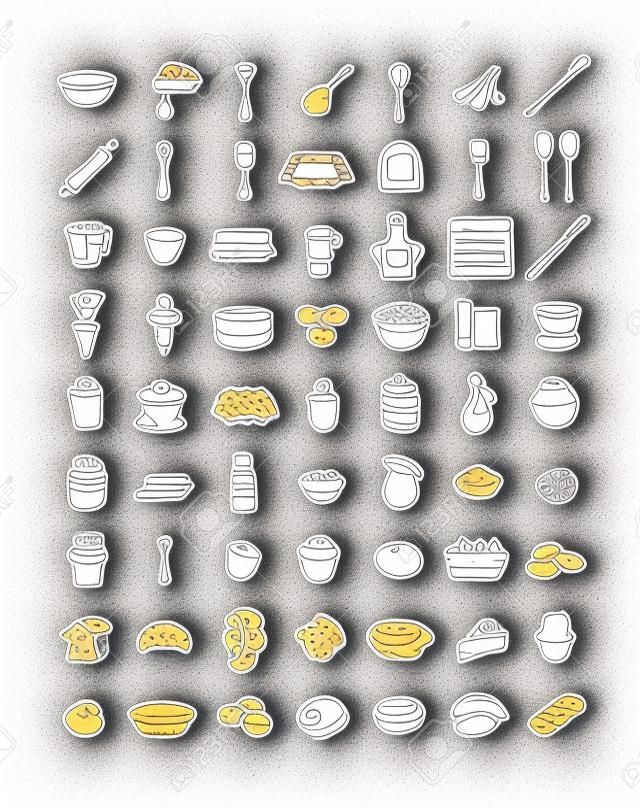 Home baking thin line icons set. Kitchen utensils for cooking sweet food. Ingredients for homemade bakery. Different pastry items. Sketchy doodle hand drawn linear style