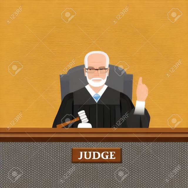 Judge mature man in courtroom at tribunal with gavel points finger up pronouncing judgment. Judicial cartoon background. Civil and criminal cases public trial. Flat vector concept