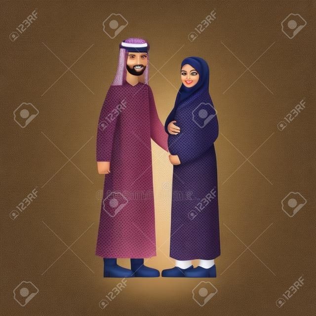 妊娠中の妻のイラストと幸せなアラビアのカップル