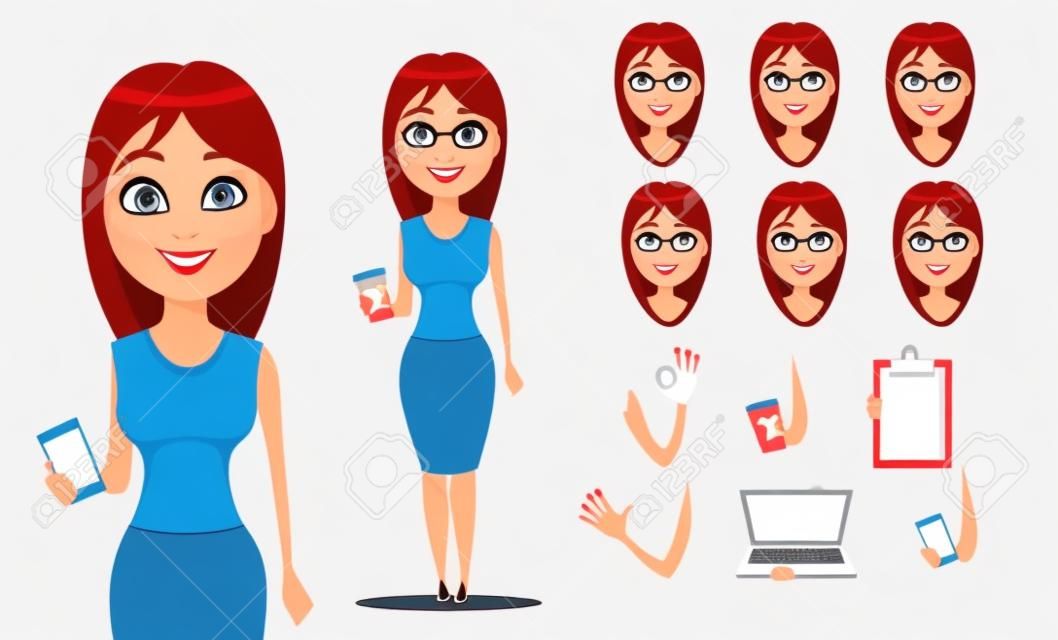 Business woman cartoon character creation set. Young attractive businesswoman in smart casual clothes. Build your personal design - stock vector