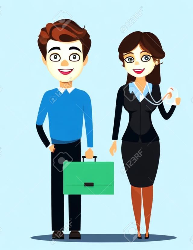 Uomo d'affari e imprenditrice. Personaggi cartoon carino. Uomo con valigetta e donna che mostra il suo badge. Illustrazione vettoriale