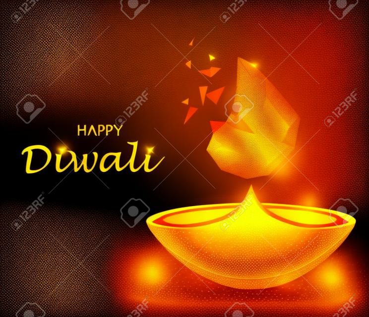 Happy Diwali greeting card. Deepavali light and fire festival. Gold colors, polygonal art on black background. Beautiful vector illustration.