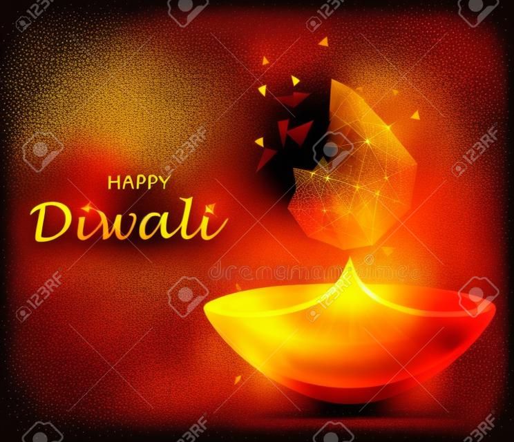 Happy Diwali greeting card. Deepavali light and fire festival. Gold colors, polygonal art on black background. Beautiful vector illustration.