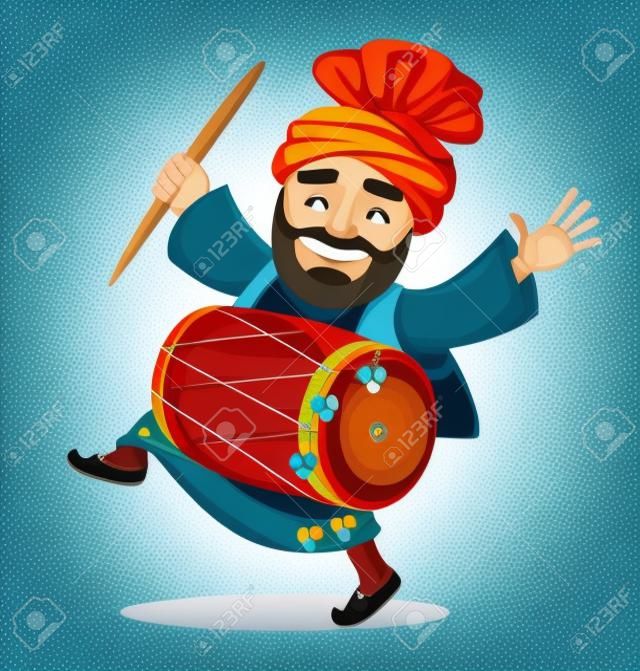 冬季流行的旁遮普民間節日Lohri。有鼓的滑稽的跳舞錫克教徒的人，漫畫人物。在白色背景的傳染媒介例證。