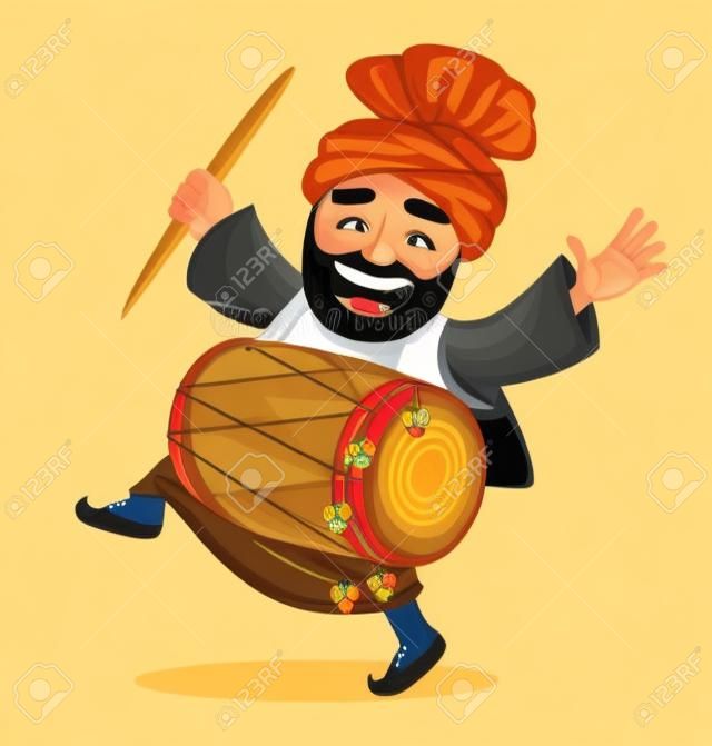 冬季流行的旁遮普民間節日Lohri。有鼓的滑稽的跳舞錫克教徒的人，漫畫人物。在白色背景的傳染媒介例證。