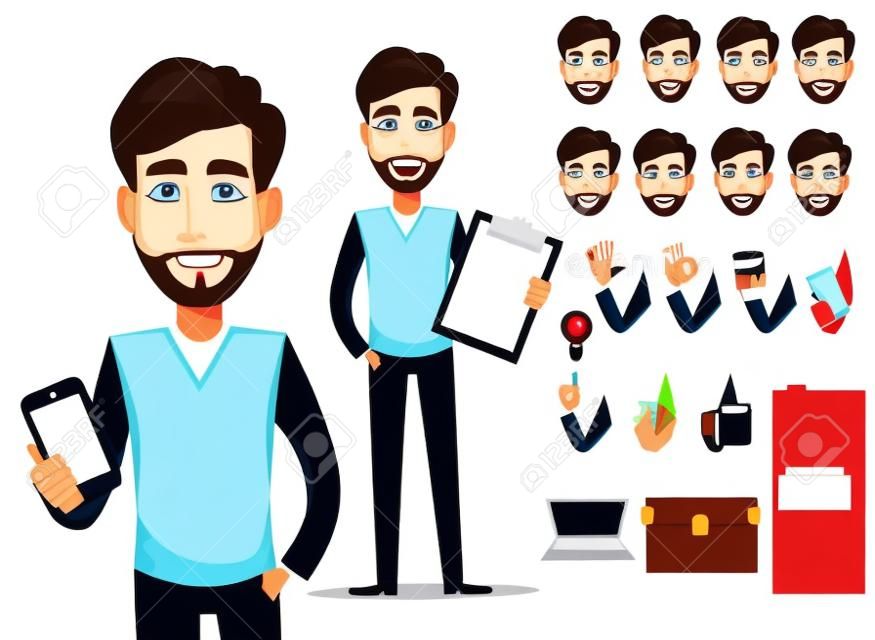 Pack of body parts and emotions. Vector character illustration in cartoon style. Business man with beard, cartoon character creation set. Young handsome businessman in smart casual clothes.