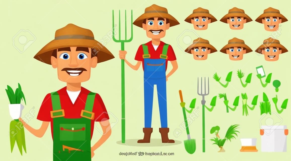 Farmer cartoon character creation set. Cheerful gardener, pack of body parts and emotions. Build your personal design.