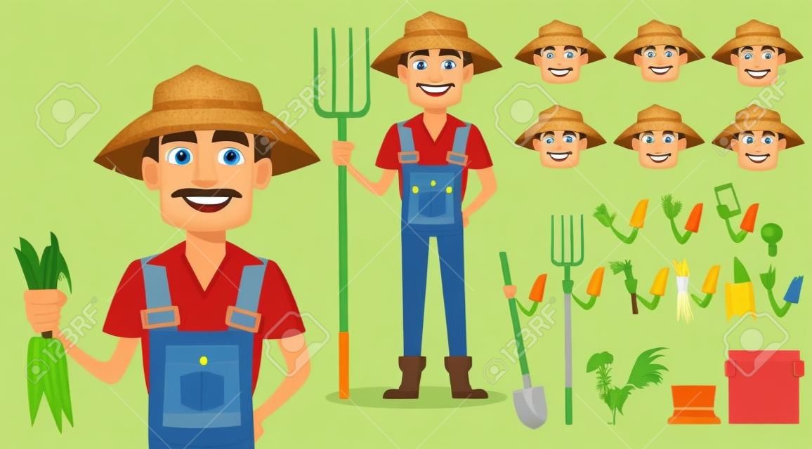 Farmer cartoon character creation set. Cheerful gardener, pack of body parts and emotions. Build your personal design.
