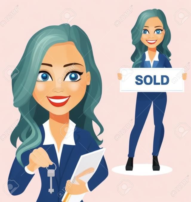 A real estate agent cartoon character, set of two poses. Beautiful realtor woman holding key and holding banner with text Sold. Cute business woman. Vector illustration