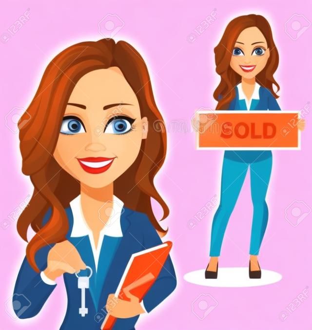 A real estate agent cartoon character, set of two poses. Beautiful realtor woman holding key and holding banner with text Sold. Cute business woman. Vector illustration