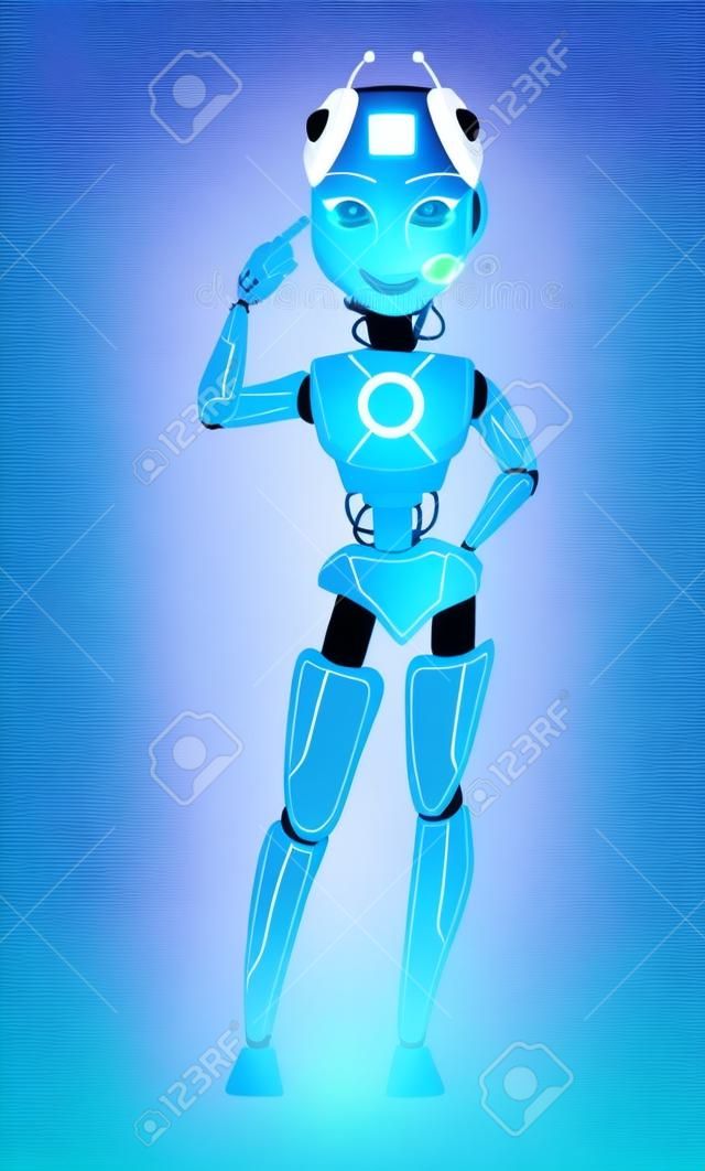 Robot with artificial intelligence, female bot. Cute cartoon character pointing on her head. Humanoid cybernetic organism. Future concept. Vector Illustration