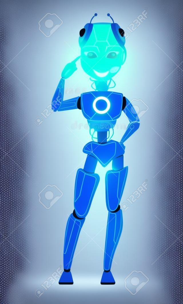 Roboter mit künstlicher Intelligenz, weiblicher Bot. Nette Zeichentrickfigur, die auf ihren Kopf zeigt. Humanoider kybernetischer Organismus. Zukunftskonzept. Vektor-Illustration