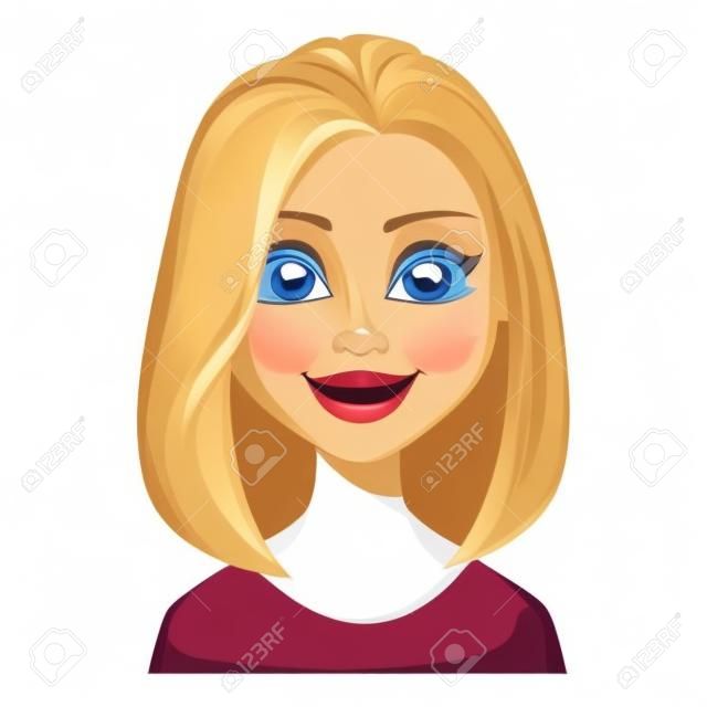 Expression du visage de femme aux cheveux blonds, souriant. Femme d'affaires moderne de beau personnage de dessin animé. Illustration vectorielle isolée sur fond blanc.