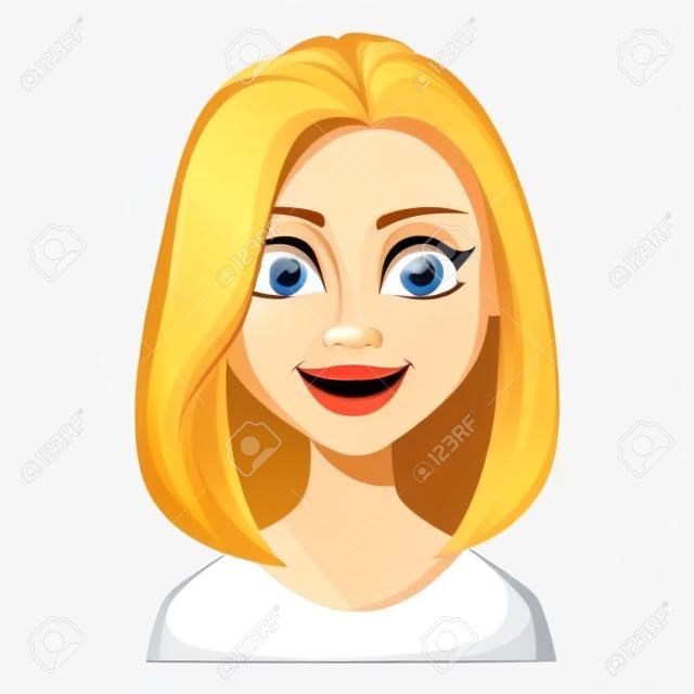 Espressione del viso di donna con i capelli biondi, sorridente. Bella donna d'affari moderna personaggio dei cartoni animati. Illustrazione vettoriale isolato su sfondo bianco.
