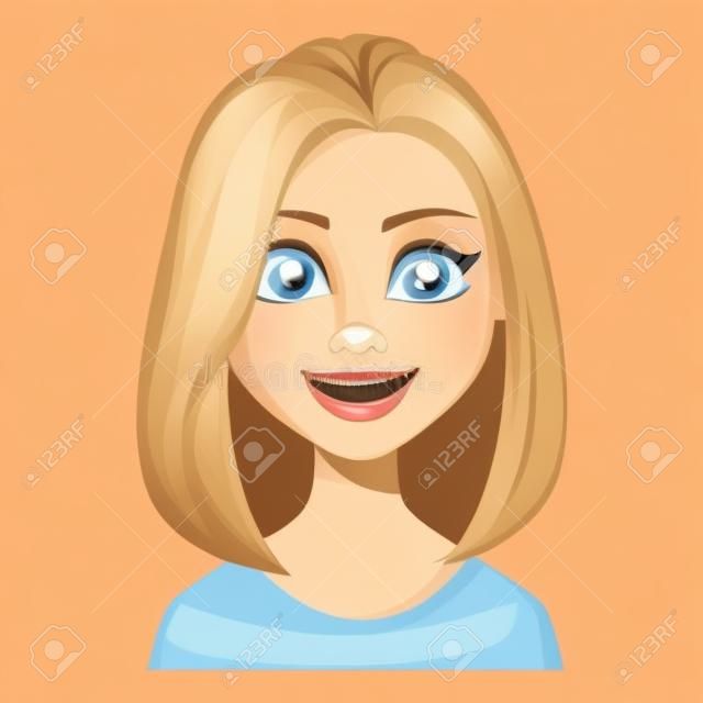 Expresión facial de mujer con cabello rubio, sonriendo. Mujer de negocios moderna de personaje de dibujos animados hermoso. Ilustración de vector aislado sobre fondo blanco.