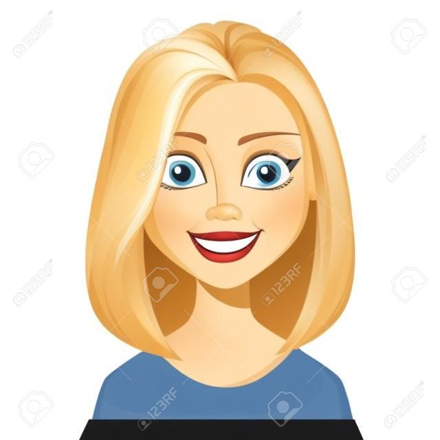금발 머리를 가진 여자의 얼굴 표정 웃 고. 아름 다운 만화 캐릭터 현대 비즈니스 우먼입니다. 벡터 일러스트 레이 션 흰색 배경에 고립입니다.