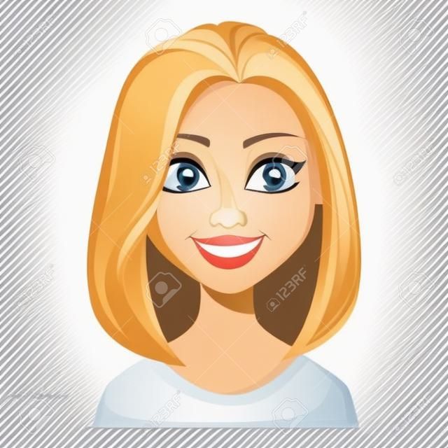 Expresión facial de mujer con cabello rubio, sonriendo. Mujer de negocios moderna de personaje de dibujos animados hermoso. Ilustración de vector aislado sobre fondo blanco.