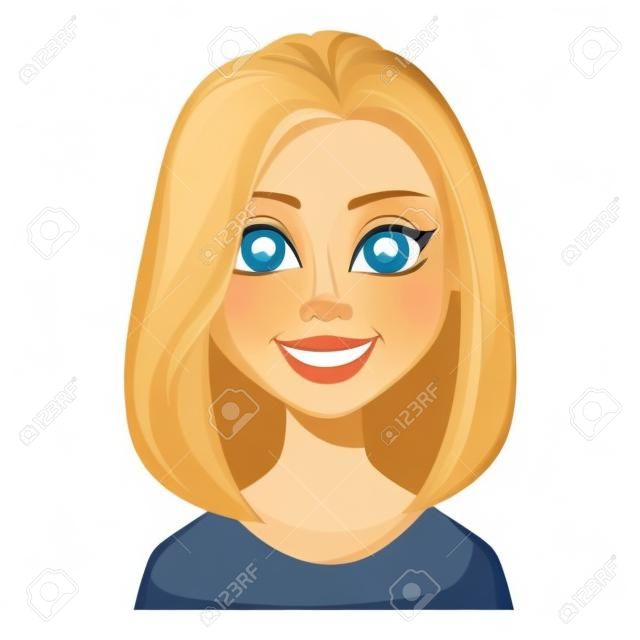 Face expression of woman with blond hair, smiling. Beautiful cartoon character modern business woman. Vector illustration isolated on white background.