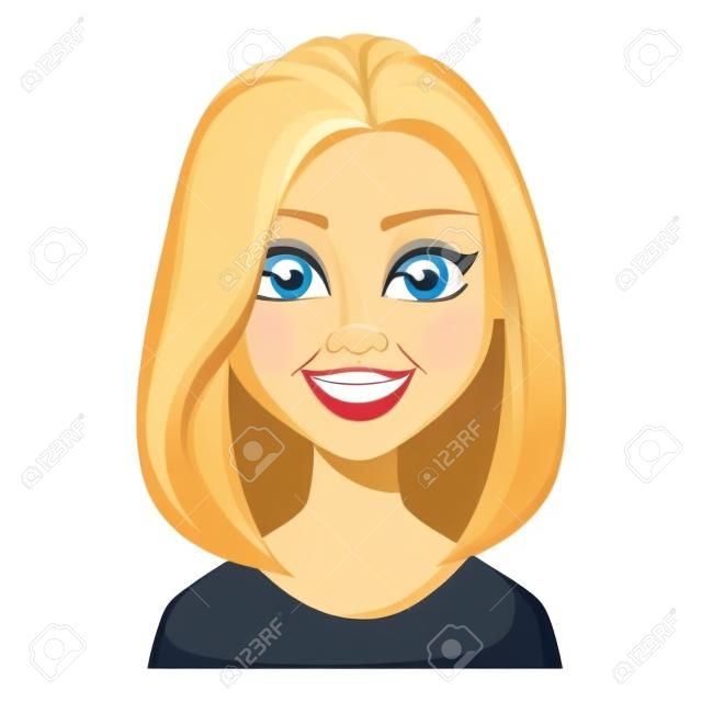 Gesichtsausdruck der Frau mit blonden Haaren, lächelnd. Moderne Geschäftsfrau der schönen Zeichentrickfilm-Figur. Vektorillustration lokalisiert auf weißem Hintergrund.