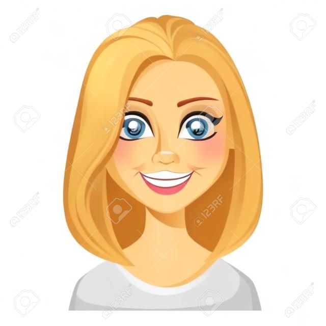●金髪の女性の顔表情、笑顔。美しい漫画のキャラクター現代ビジネスウーマン。白い背景に分離されたベクターイラスト。