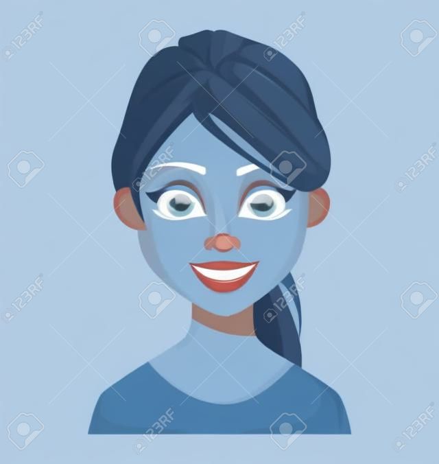 Gesichtsausdruck der Frau in blauer Bluse, glücklich. Weibliche Emotionen. Schöne Zeichentrickfigur. Vektorillustration lokalisiert auf weißem Hintergrund.
