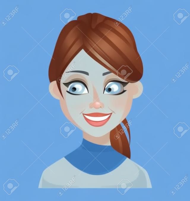 Gezichtsuitdrukking van vrouw in blauwe blouse, blij. Vrouwelijke emotie. Prachtige cartoon karakter. Vector illustratie geïsoleerd op witte achtergrond.