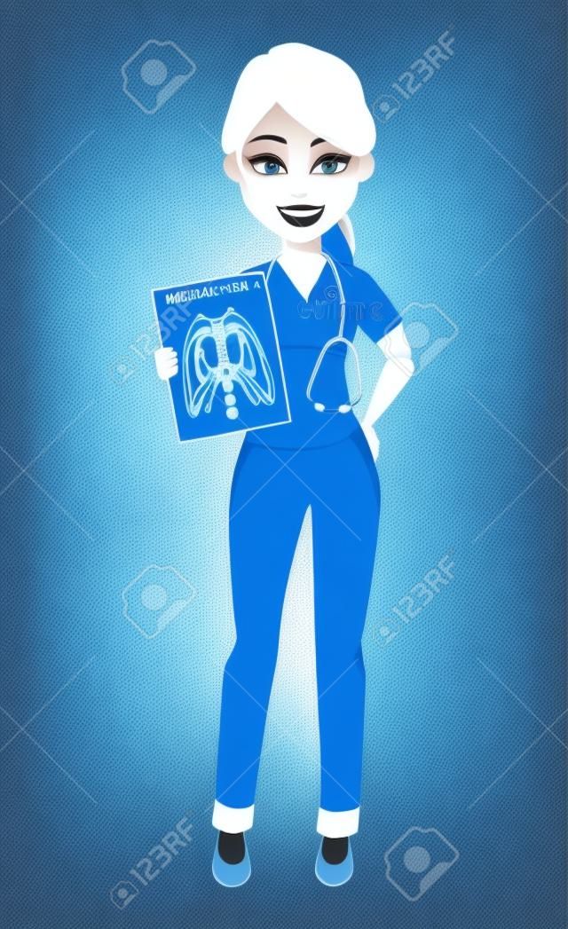 Immagine a raggi x della holding della donna del medico. Medicina, concetto di assistenza sanitaria. Bellissimo personaggio dei cartoni animati. Illustrazione vettoriale.