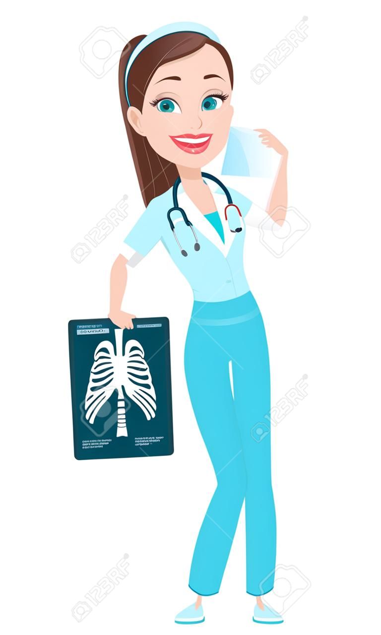 Medical doctor woman holding x-ray image. Medicine, healthcare concept. Beautiful cartoon character. Vector illustration.