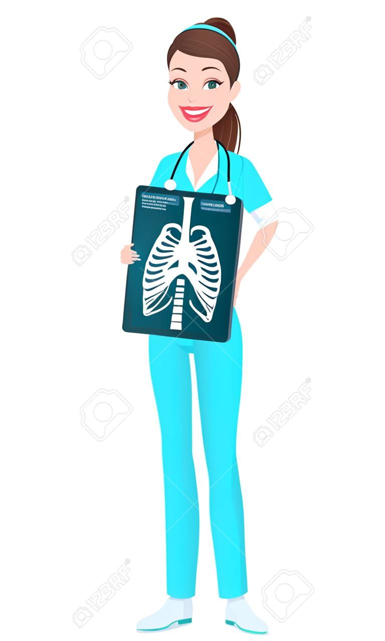 Médico médico mulher segurando imagem de raio-x. Medicina, conceito de saúde. Caráter de desenho animado bonito. Ilustração vetorial.