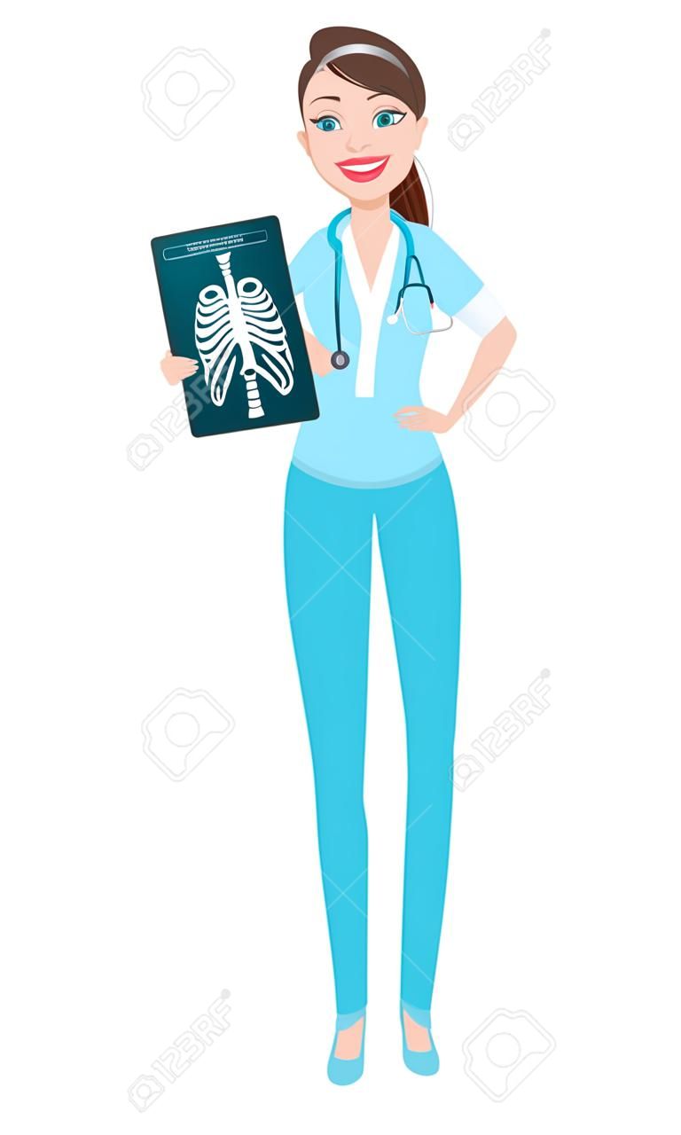 Médico médico mulher segurando imagem de raio-x. Medicina, conceito de saúde. Caráter de desenho animado bonito. Ilustração vetorial.