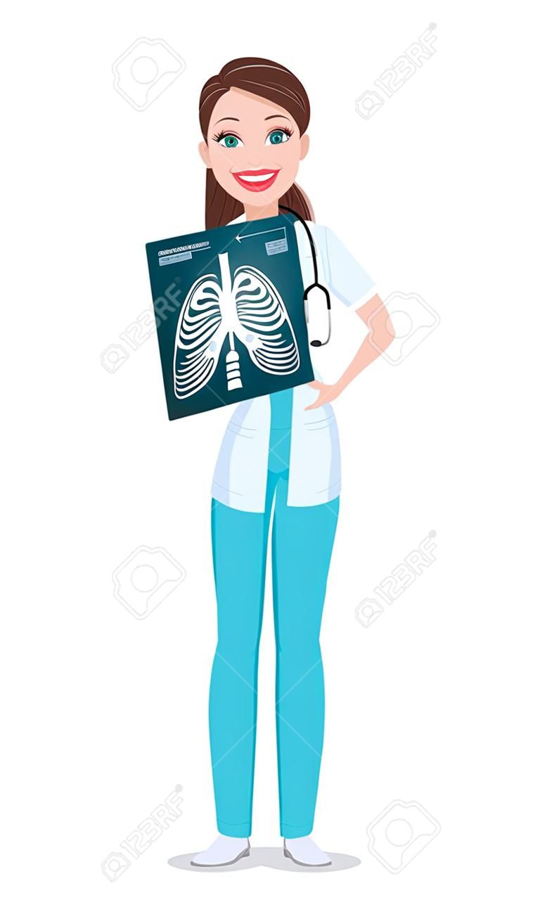 Medische arts vrouw met röntgenbeeld. Geneeskunde, gezondheidszorg concept. Prachtige cartoon karakter. Vector illustratie.
