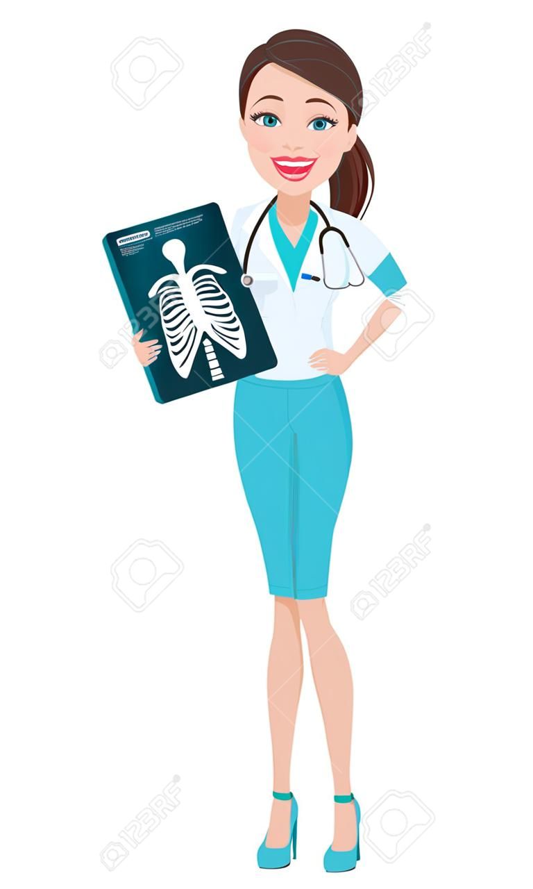 Medical doctor woman holding x-ray image. Medicine, healthcare concept. Beautiful cartoon character. Vector illustration.